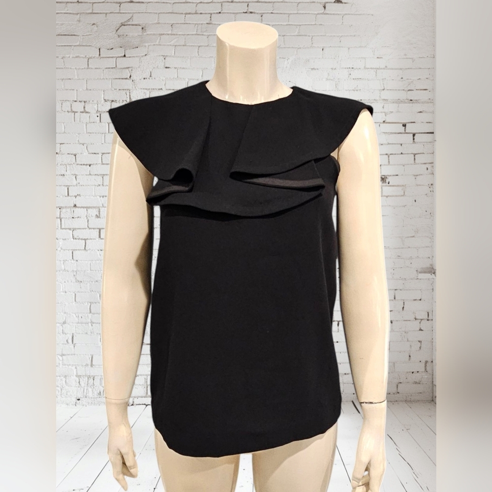 CLUB MONACO Black Asymmetric Pleats Overlay Ruffled Top XS